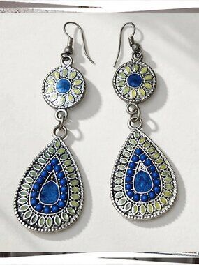 2.5" Long Circle + Teardrop Silver Earrings w Green & Blue Stones